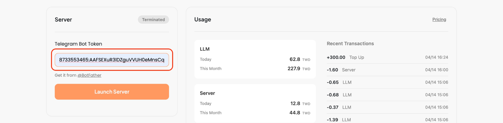 Paste token and start instance