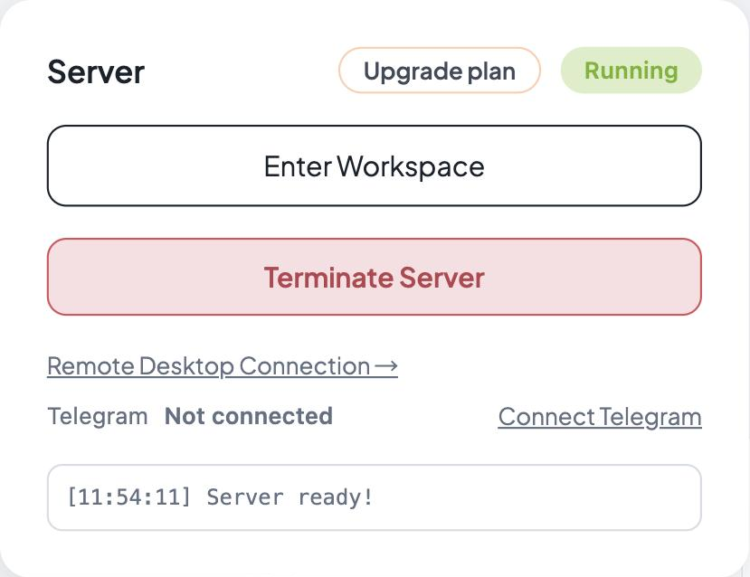 Server card on the launch page with the Enter Workspace button