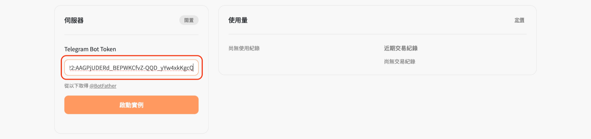 Paste token and start instance