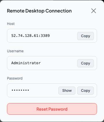 Remote Desktop connection info modal, password masked