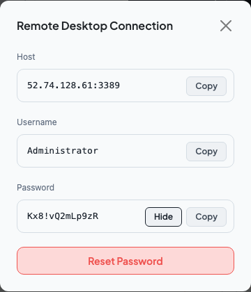 Remote Desktop connection info modal with password revealed