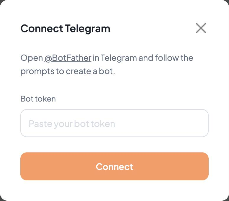 Connect Telegram dialog on the launch page: paste your bot token