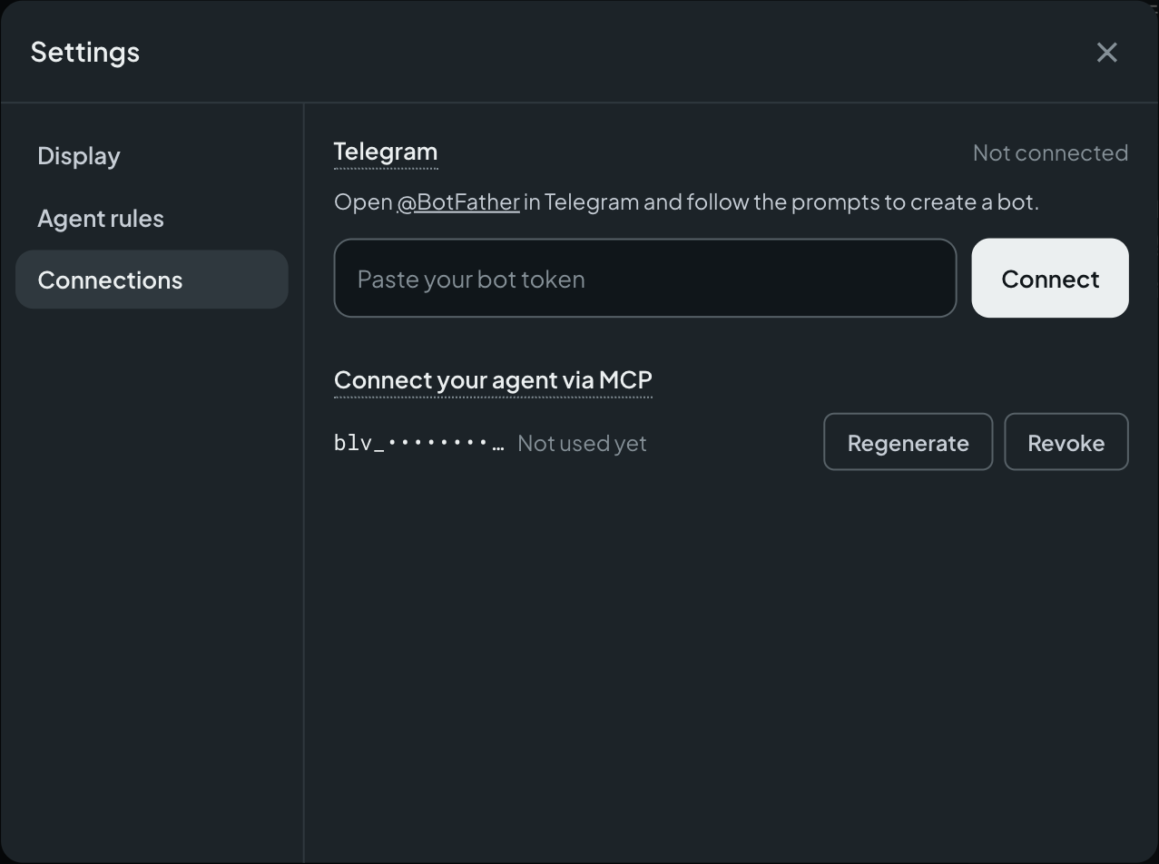 Settings › Connections in the Blave Agent workspace: paste your bot token under Telegram