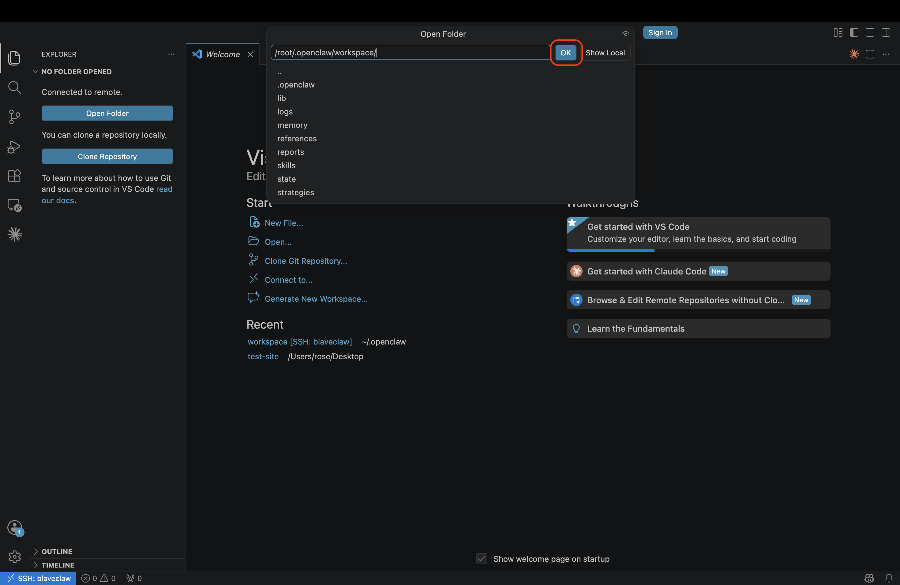 Open workspace folder