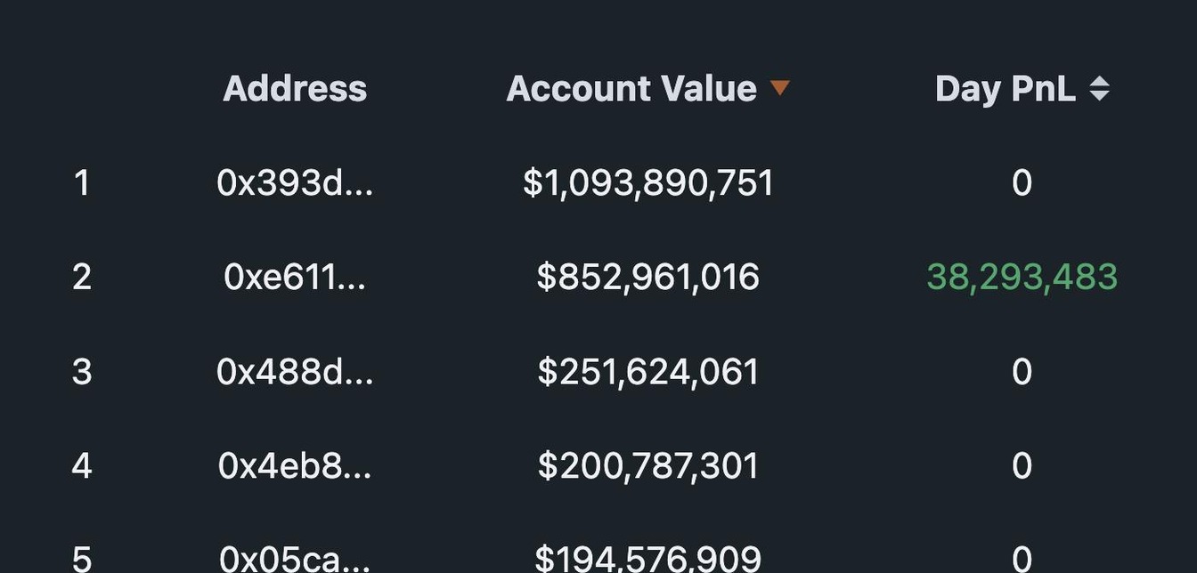 Studio Hyperliquid leaderboard screen: on-chain whale accounts ranked by Account Value — $1,093,890,751, $852,961,016, $251,624,061, $200,787,301, $194,576,909 — with the Day PnL column beside them